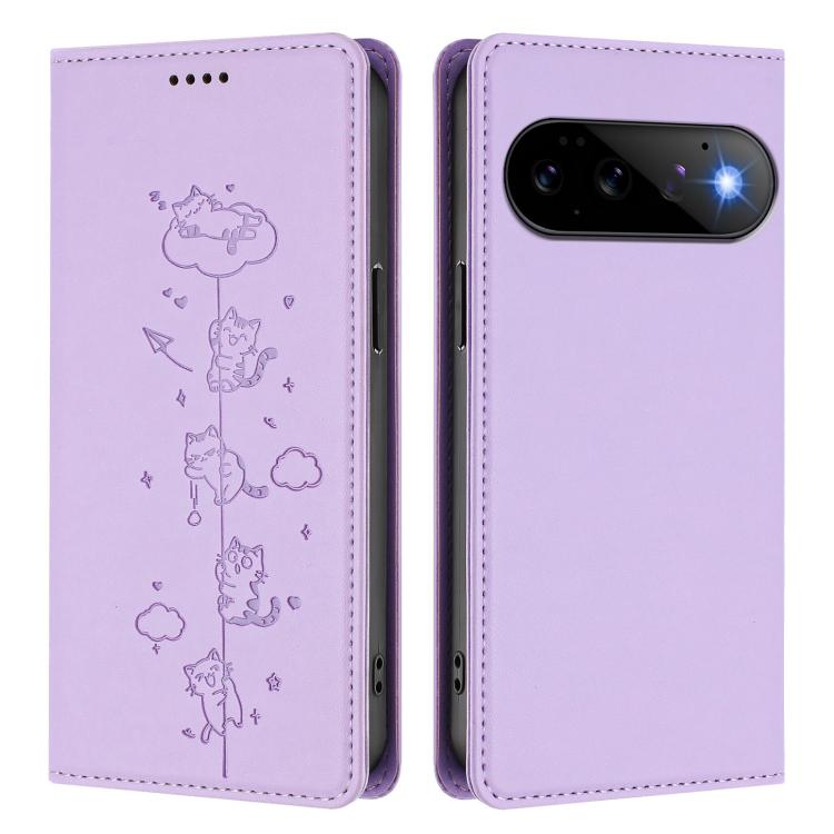 For Google Pixel 11 Pro / Pixel 11 Cute Cats Embossed Magnetic RFID Vegan Leather Phone Case