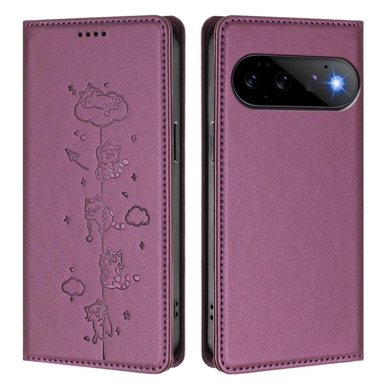 For Google Pixel 11 Pro / Pixel 11 Cute Cats Embossed Magnetic RFID Vegan Leather Phone Case