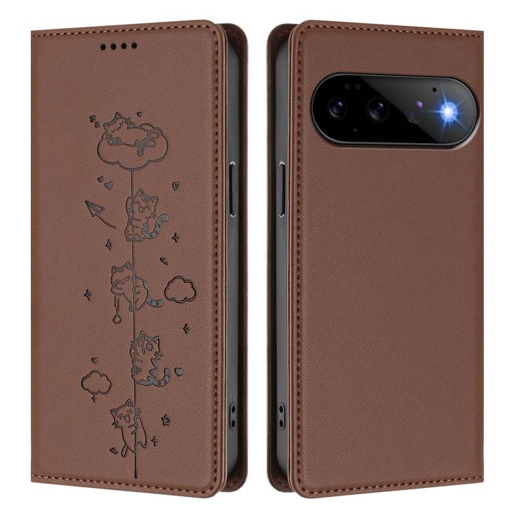 For Google Pixel 11 Pro / Pixel 11 Cute Cats Embossed Magnetic RFID Vegan Leather Phone Case