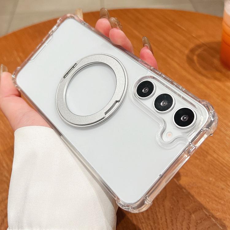 For Samsung Galaxy S23+ 5G Four Corner Shockproof Space Magnetic Phone Case with 360 Degrees Rotating Holder - Transparent