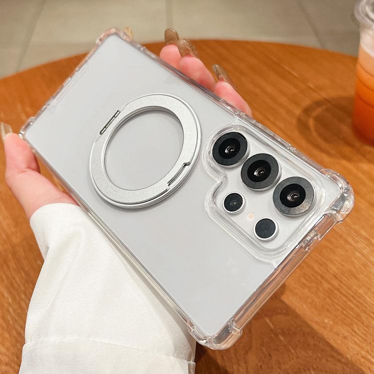 For Samsung Galaxy S26 Ultra 5G Four Corner Shockproof Space Magnetic Phone Case with 360 Degrees Rotating Holder - Transparent