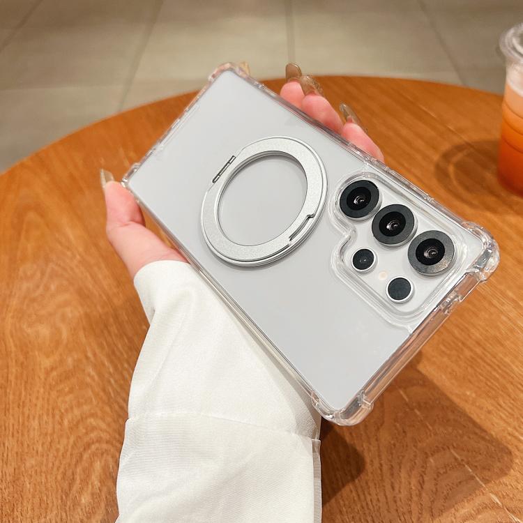 For Samsung Galaxy S23 FE 5G Four Corner Shockproof Space Magnetic Phone Case with 360 Degrees Rotating Holder - Transparent