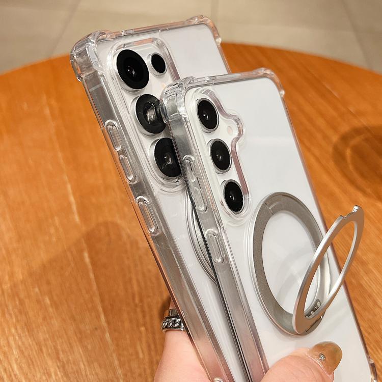 For Samsung Galaxy S23+ 5G Four Corner Shockproof Space Magnetic Phone Case with 360 Degrees Rotating Holder - Transparent