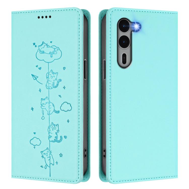 For Fujitsu Arrows We2 Plus Cute Cats Embossed Magnetic RFID Vegan Leather Phone Case