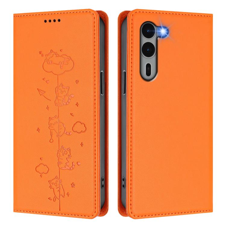 For Fujitsu Arrows We2 Plus Cute Cats Embossed Magnetic RFID Vegan Leather Phone Case