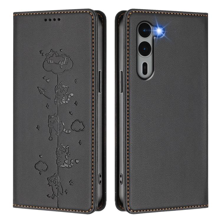 For Fujitsu Arrows We2 Plus Cute Cats Embossed Magnetic RFID Vegan Leather Phone Case