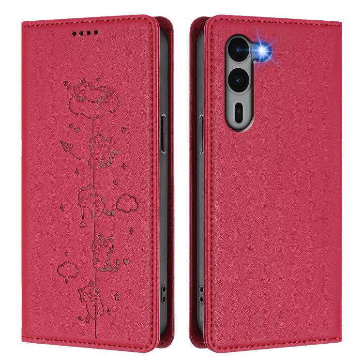 For Fujitsu Arrows We2 Plus Cute Cats Embossed Magnetic RFID Vegan Leather Phone Case
