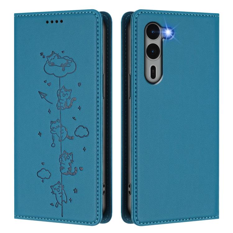 For Fujitsu Arrows We2 Plus Cute Cats Embossed Magnetic RFID Vegan Leather Phone Case