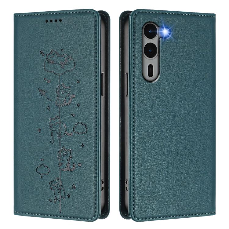 For Fujitsu Arrows We2 Plus Cute Cats Embossed Magnetic RFID Vegan Leather Phone Case
