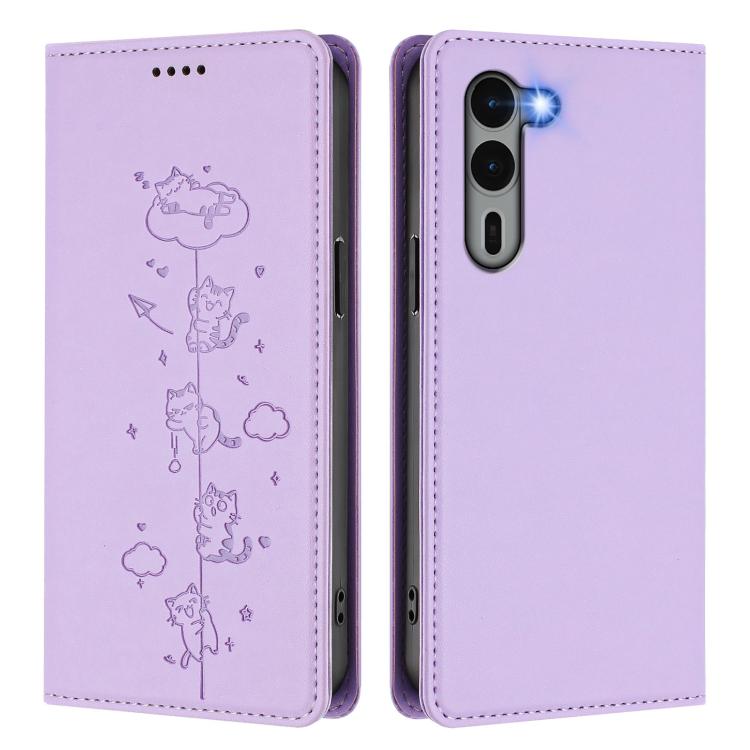 For Fujitsu Arrows We2 Plus Cute Cats Embossed Magnetic RFID Vegan Leather Phone Case