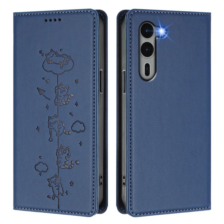 For Fujitsu Arrows We2 Plus Cute Cats Embossed Magnetic RFID Vegan Leather Phone Case