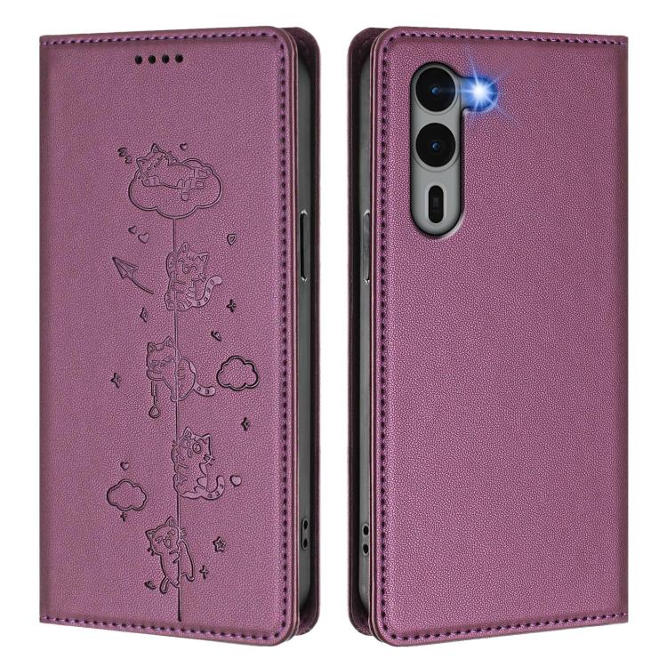 For Fujitsu Arrows We2 Plus Cute Cats Embossed Magnetic RFID Vegan Leather Phone Case