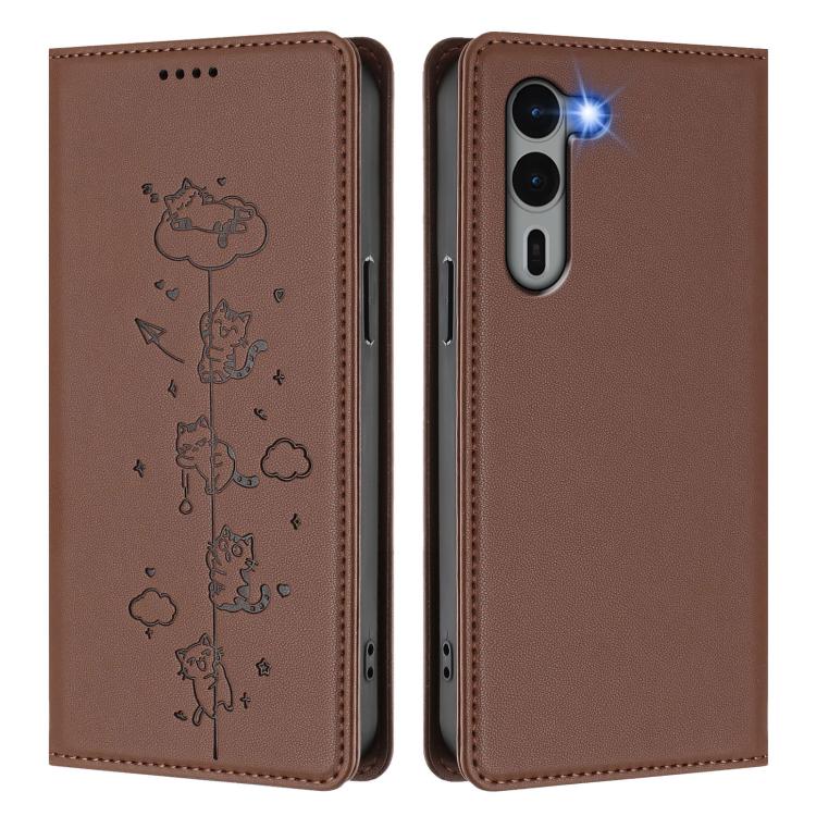 For Fujitsu Arrows We2 Plus Cute Cats Embossed Magnetic RFID Vegan Leather Phone Case