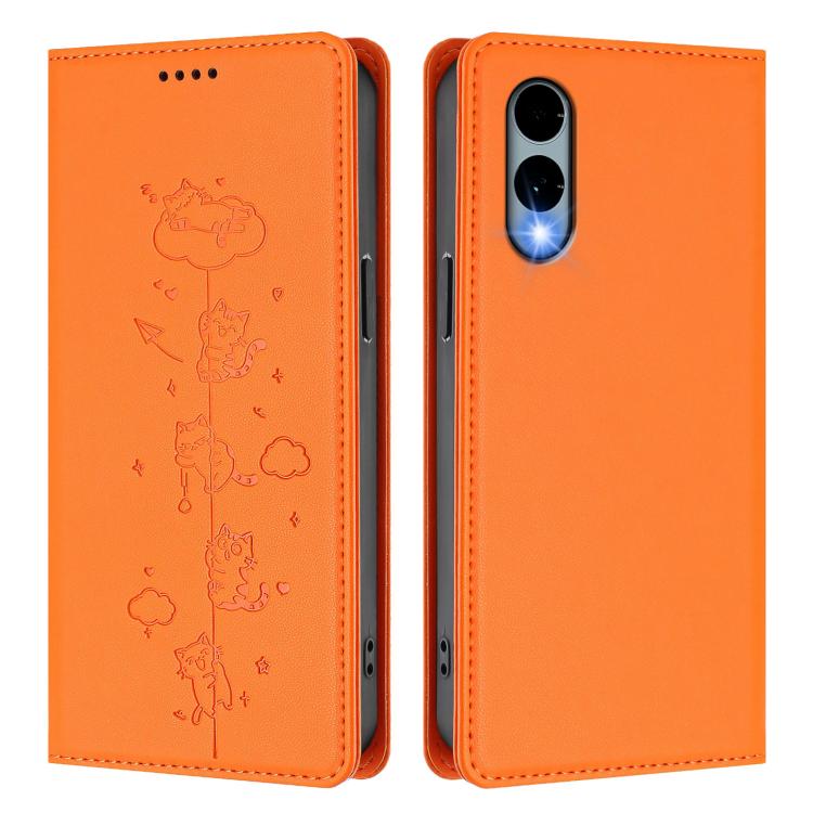For Fujitsu Arrows We2 Cute Cats Embossed Magnetic RFID Vegan Leather Phone Case