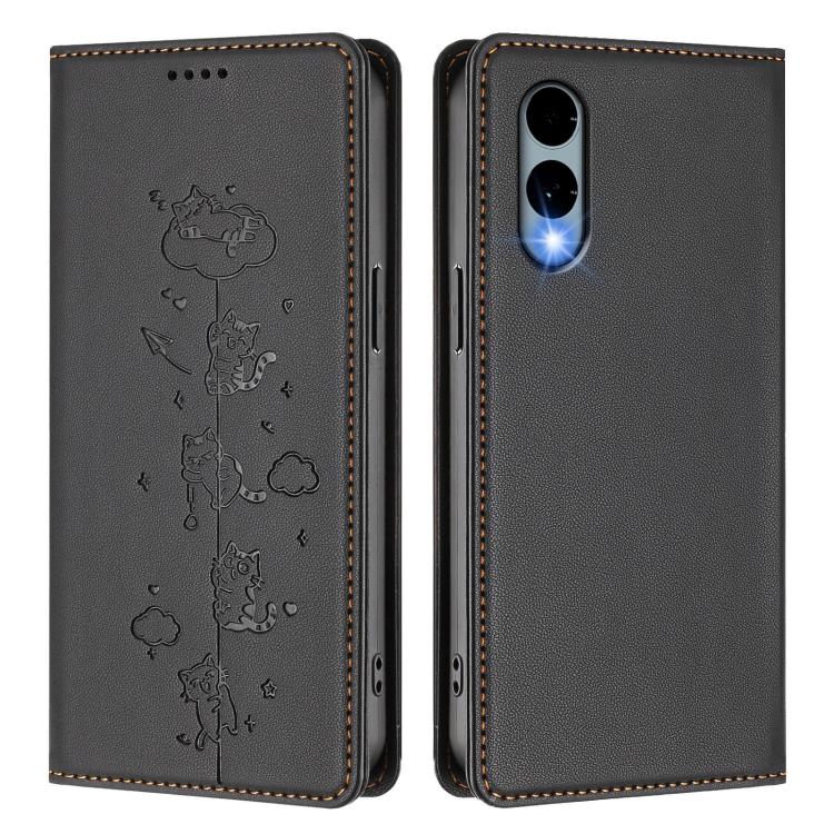 For Fujitsu Arrows We2 Cute Cats Embossed Magnetic RFID Vegan Leather Phone Case