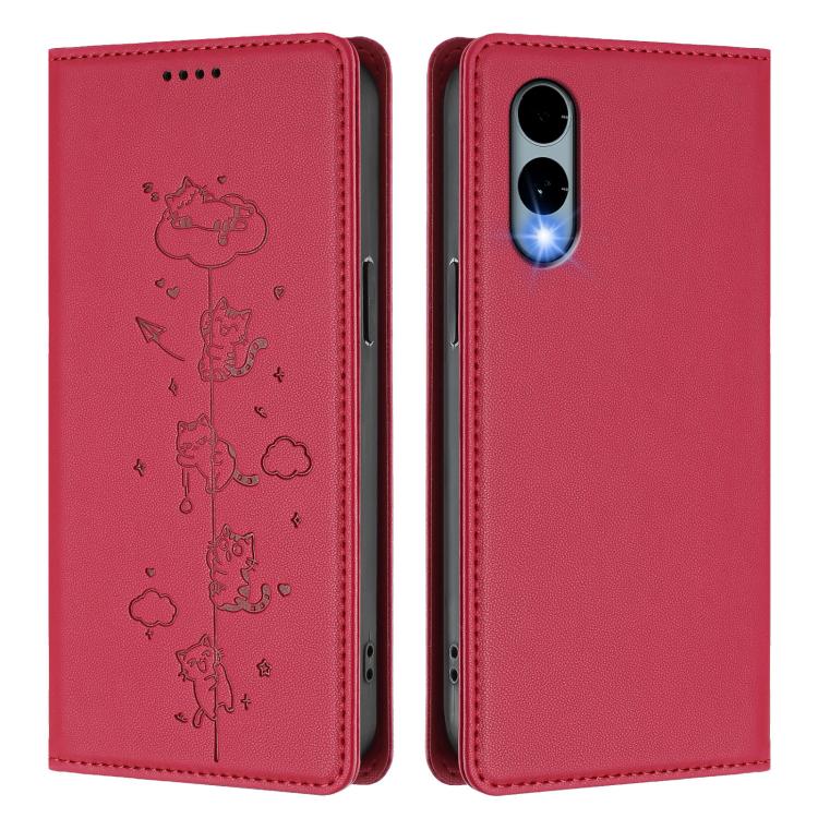 For Fujitsu Arrows We2 Cute Cats Embossed Magnetic RFID Vegan Leather Phone Case