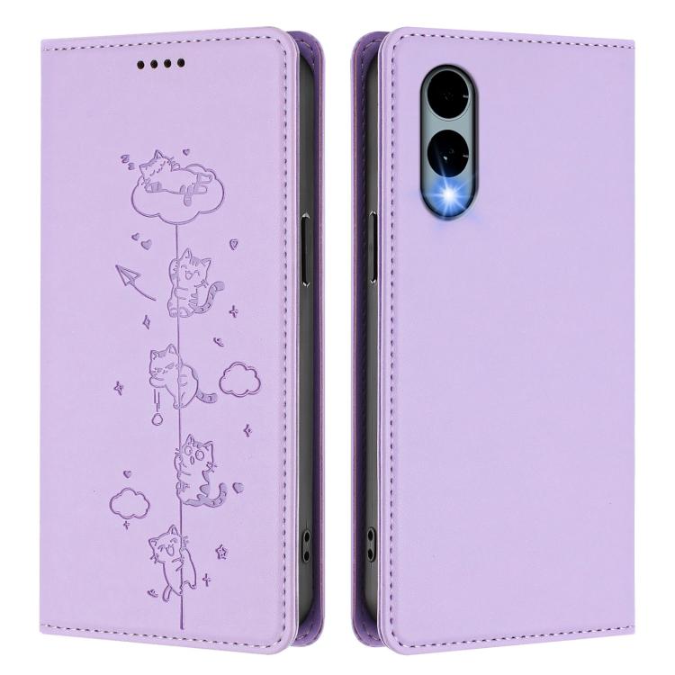For Fujitsu Arrows We2 Cute Cats Embossed Magnetic RFID Vegan Leather Phone Case