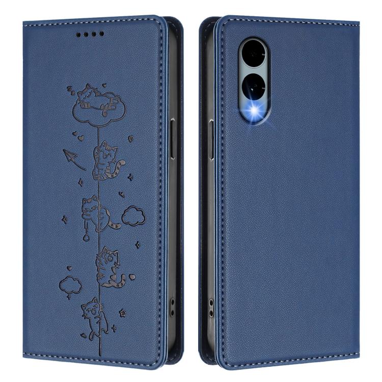 For Fujitsu Arrows We2 Cute Cats Embossed Magnetic RFID Vegan Leather Phone Case