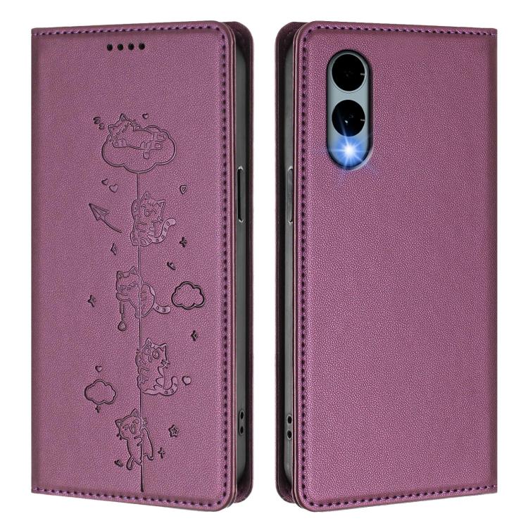 For Fujitsu Arrows We2 Cute Cats Embossed Magnetic RFID Vegan Leather Phone Case