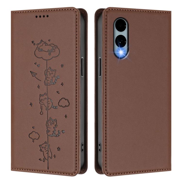 For Fujitsu Arrows We2 Cute Cats Embossed Magnetic RFID Vegan Leather Phone Case
