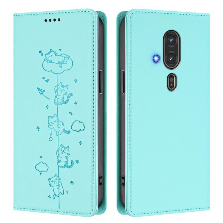 For Fujitsu FCNT RakuRaku F-53E Cute Cats Embossed Magnetic RFID Vegan Leather Phone Case