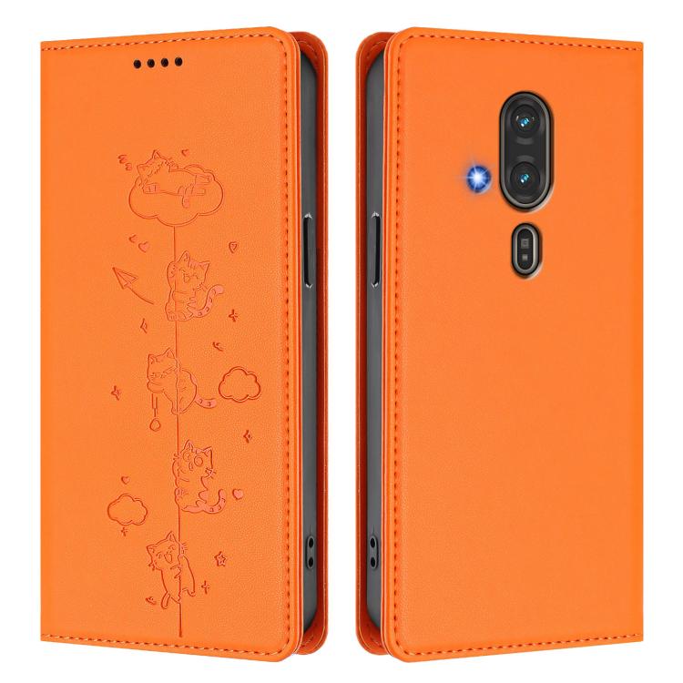 For Fujitsu FCNT RakuRaku F-53E Cute Cats Embossed Magnetic RFID Vegan Leather Phone Case