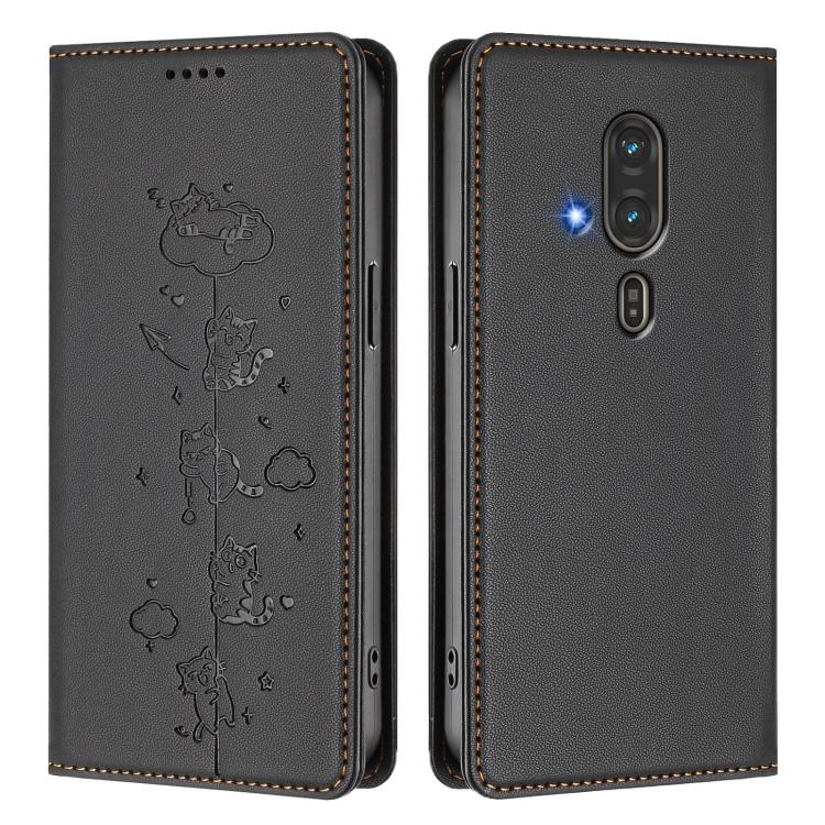 For Fujitsu FCNT RakuRaku F-53E Cute Cats Embossed Magnetic RFID Vegan Leather Phone Case