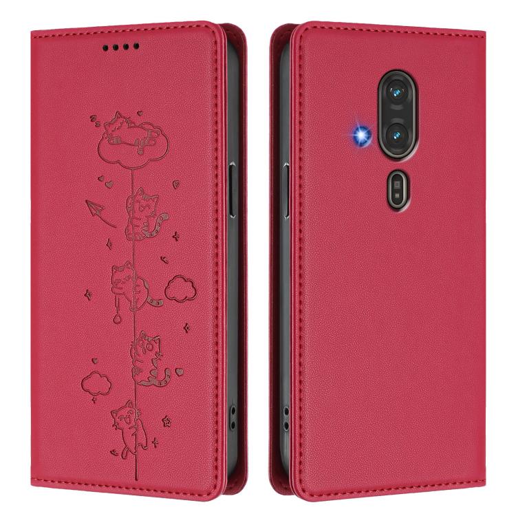 For Fujitsu FCNT RakuRaku F-53E Cute Cats Embossed Magnetic RFID Vegan Leather Phone Case