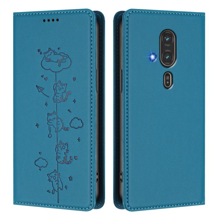 For Fujitsu FCNT RakuRaku F-53E Cute Cats Embossed Magnetic RFID Vegan Leather Phone Case
