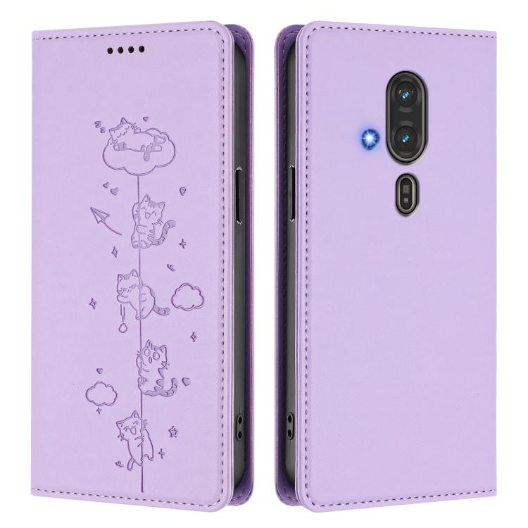 For Fujitsu FCNT RakuRaku F-53E Cute Cats Embossed Magnetic RFID Vegan Leather Phone Case