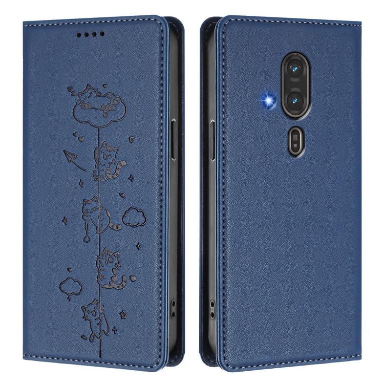 For Fujitsu FCNT RakuRaku F-53E Cute Cats Embossed Magnetic RFID Vegan Leather Phone Case