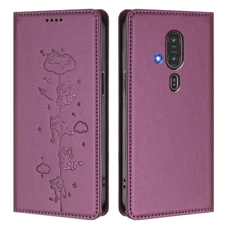For Fujitsu FCNT RakuRaku F-53E Cute Cats Embossed Magnetic RFID Vegan Leather Phone Case