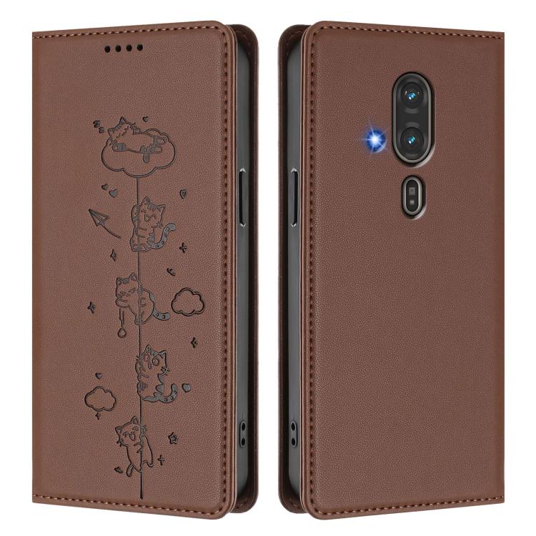 For Fujitsu FCNT RakuRaku F-53E Cute Cats Embossed Magnetic RFID Vegan Leather Phone Case