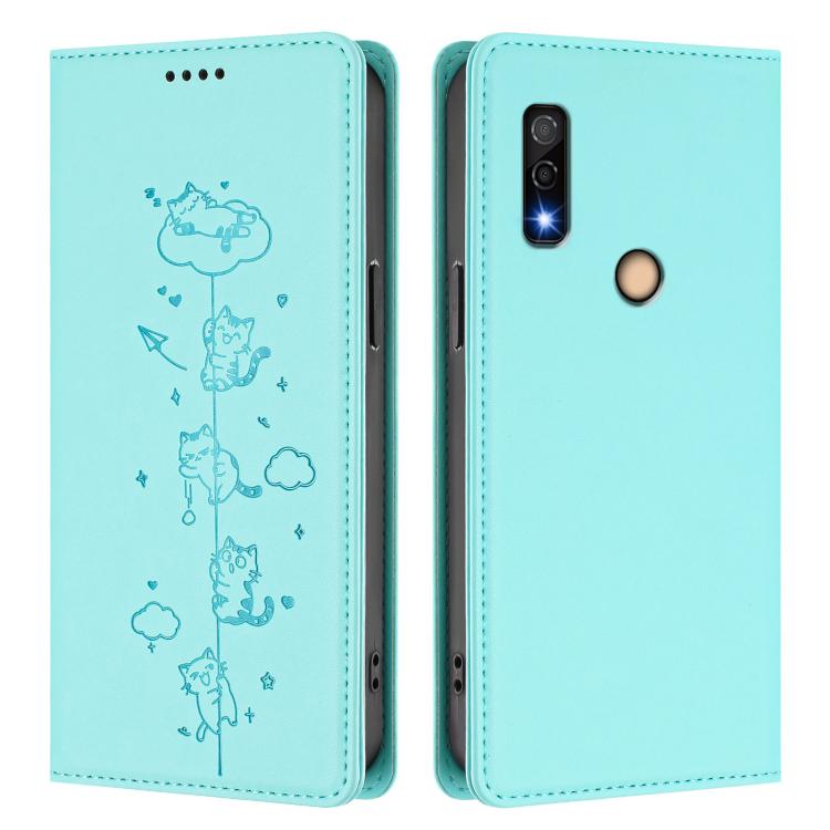 For Fujitsu Arrows We3 Cute Cats Embossed Magnetic RFID Vegan Leather Phone Case