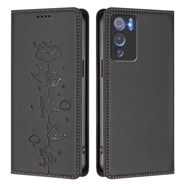 For Doogee N60 Pro Cute Cats Embossed Magnetic RFID Vegan Leather Phone Case
