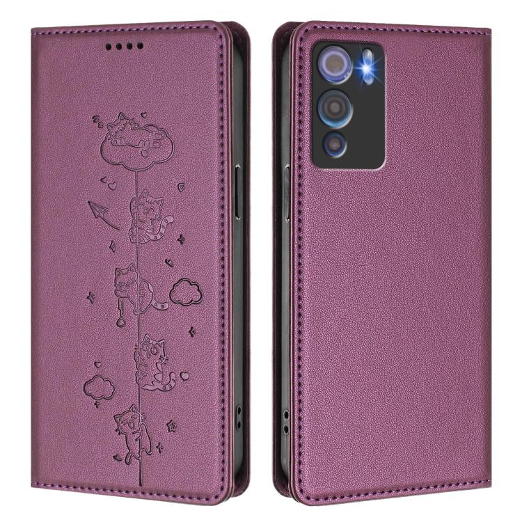 For Doogee N60 Pro Cute Cats Embossed Magnetic RFID Vegan Leather Phone Case