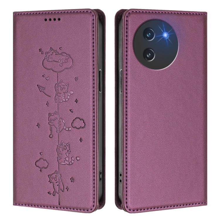 For Doogee Note 59 5G / Note 59 Pro Cute Cats Embossed Magnetic RFID Vegan Leather Phone Case