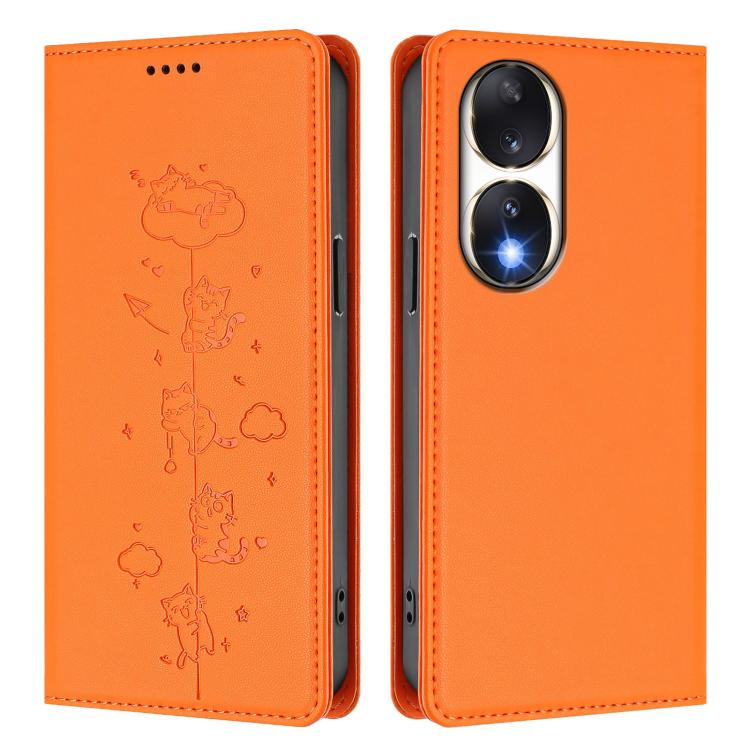 For Honor 90 Cute Cats Embossed Magnetic RFID Vegan Leather Phone Case