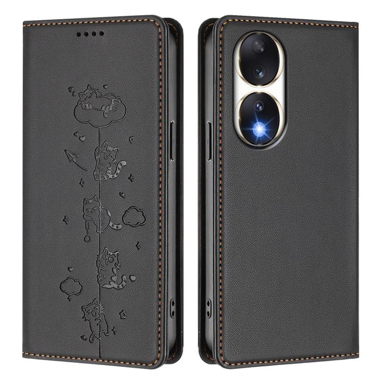 For Honor 90 Cute Cats Embossed Magnetic RFID Vegan Leather Phone Case