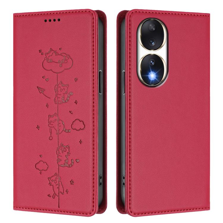For Honor 90 Cute Cats Embossed Magnetic RFID Vegan Leather Phone Case