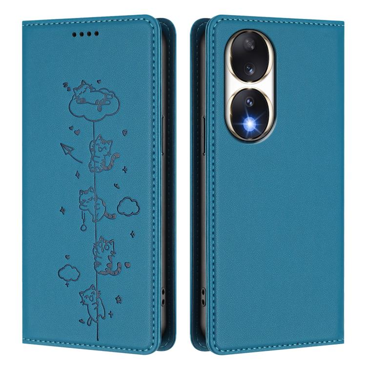 For Honor 90 Cute Cats Embossed Magnetic RFID Vegan Leather Phone Case