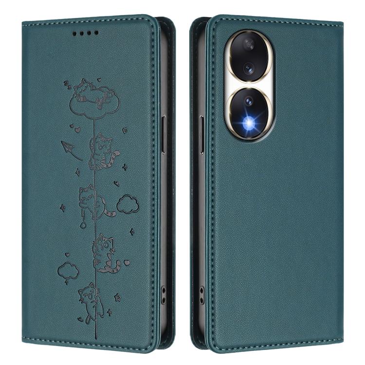 For Honor 90 Cute Cats Embossed Magnetic RFID Vegan Leather Phone Case