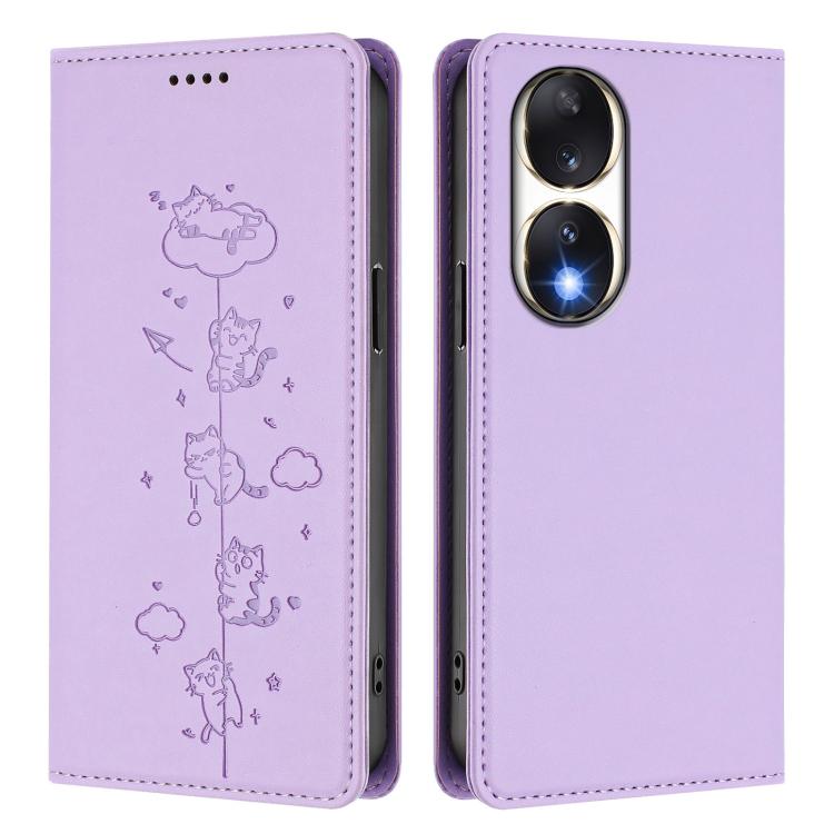 For Honor 90 Cute Cats Embossed Magnetic RFID Vegan Leather Phone Case