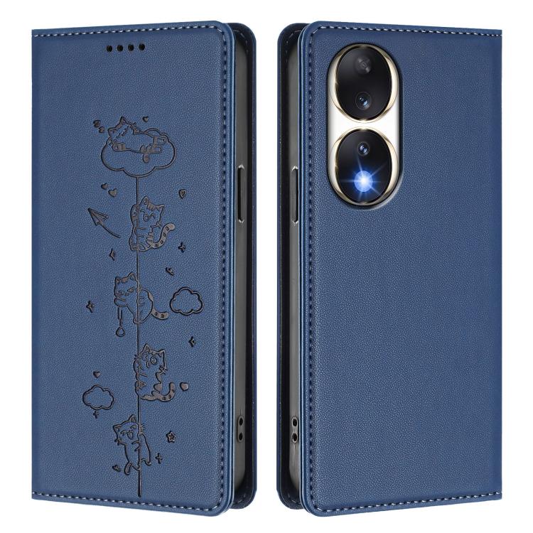 For Honor 90 Cute Cats Embossed Magnetic RFID Vegan Leather Phone Case
