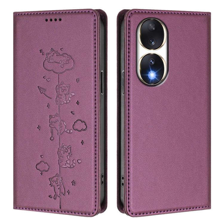 For Honor 90 Cute Cats Embossed Magnetic RFID Vegan Leather Phone Case