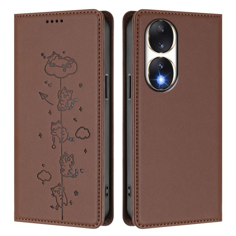 For Honor 90 Cute Cats Embossed Magnetic RFID Vegan Leather Phone Case