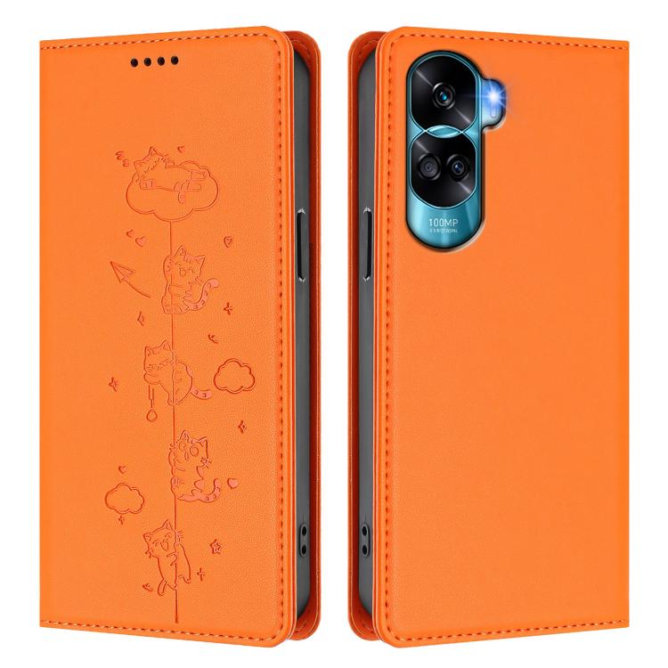 For Honor 90 Lite / X50i 5G Cute Cats Embossed Magnetic RFID Vegan Leather Phone Case