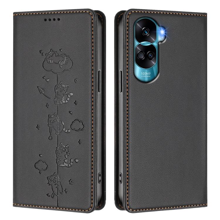 For Honor 90 Lite / X50i 5G Cute Cats Embossed Magnetic RFID Vegan Leather Phone Case