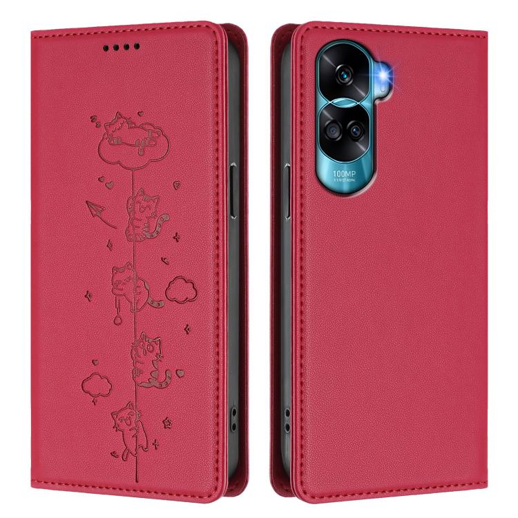 For Honor 90 Lite / X50i 5G Cute Cats Embossed Magnetic RFID Vegan Leather Phone Case