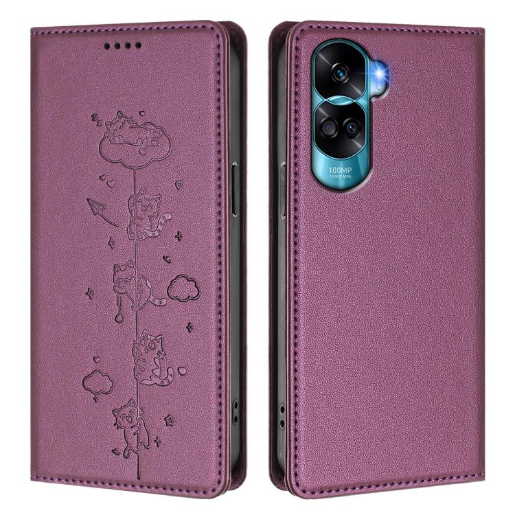 For Honor 90 Lite / X50i 5G Cute Cats Embossed Magnetic RFID Vegan Leather Phone Case